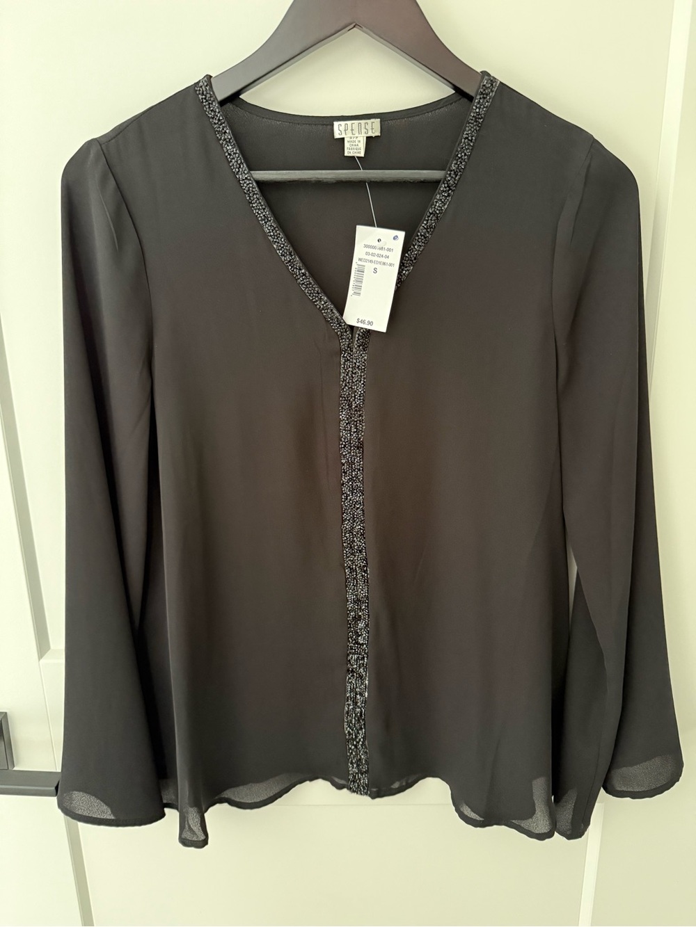 Spense Black V-Neck Blouse with Sparkle Trim